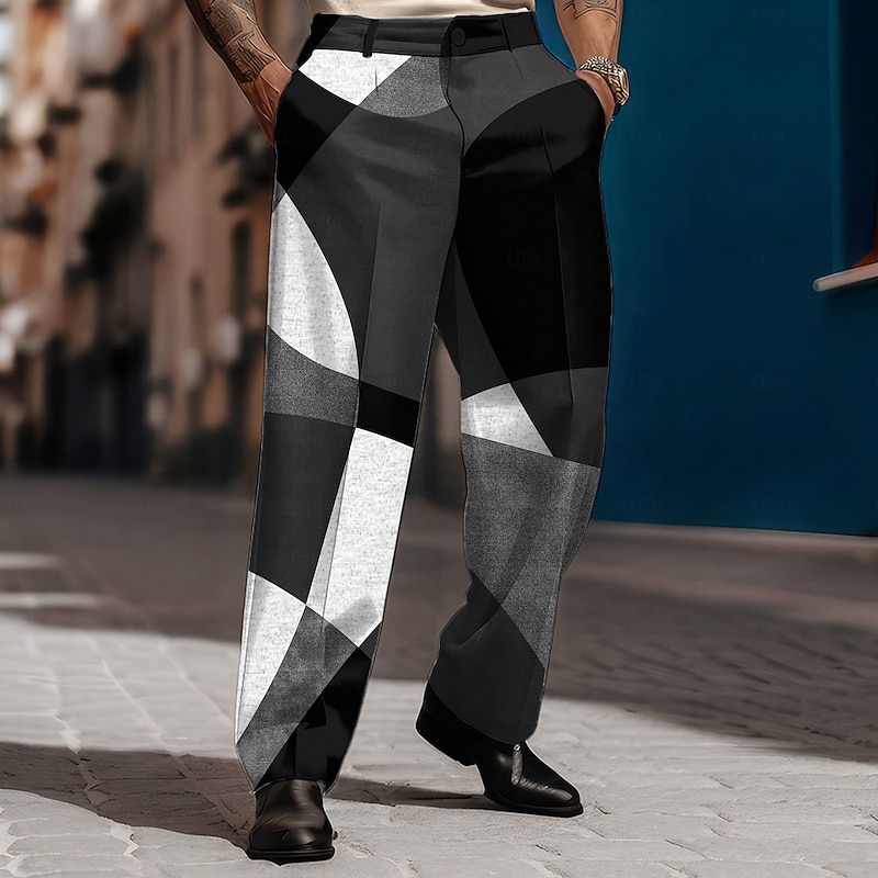 Men's Color Block Geometric Pattern Trousers Dress Pants Mid Waist Casual Vintage Retro Holiday Streetwear Dads Day Gifts Flat-Front Straight Leg Trousers Summer Spring Fall 3D Print Black Wine Blue4