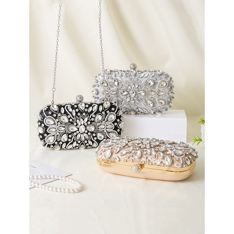 Women's Crystal-Embellished Clutch Bag, Elegant Evening Handbag with Pearl and Rhinestone Detailing, Perfect for Weddings, Parties, and Formal Events Black Silver Gold3