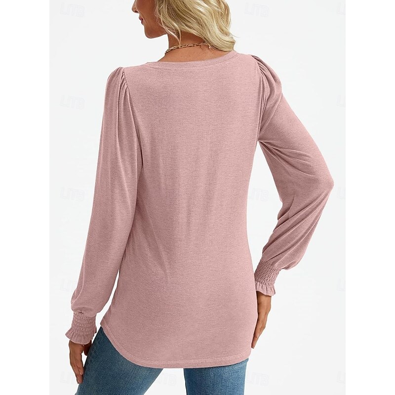 Women's Shirt Blouse Solid Color Basic Casual Long Sleeve V Neck Regular Tops Daily Ruched Smocked Pink Blue Green Summer Spring4