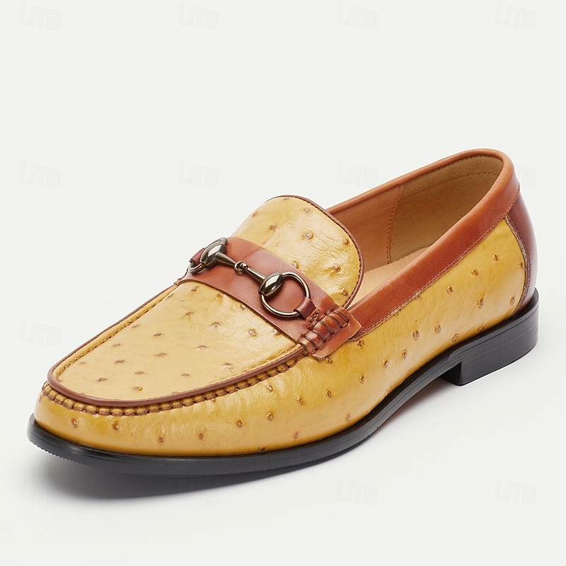 Men's Yellow and Brown Ostrich Leather Loafers with Metal Bit Detail - Stylish Slip-On Dress Shoes for Formal and Casual Wear2