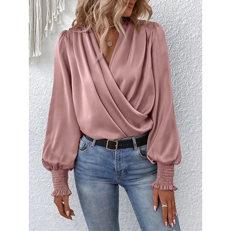 Women's Shirt Elegant Dressy Satin Solid Color Business Modern Casual Long Sleeve V Neck Regular Tops Work Formal Wear Ruched Black Pink Summer Spring