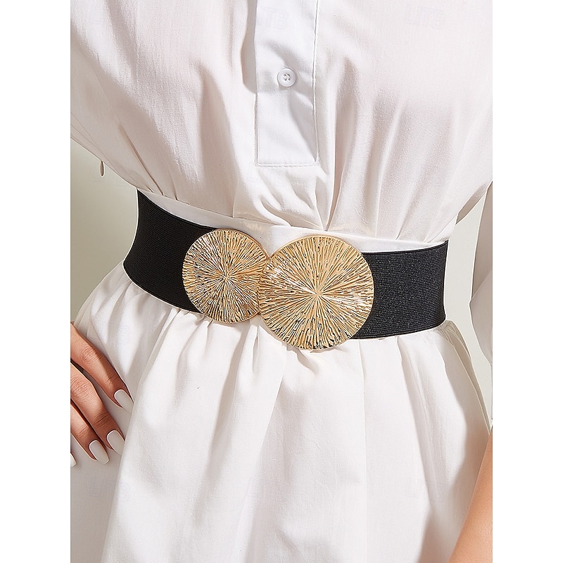 Women's Elastic Waist Belt with Gold Circle Buckle - Fashionable Wide Stretch Belt for Dresses, Casual and Formal Occasions