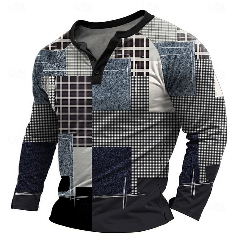 Men's Graphic Patchwork T Shirt Henley Shirt Tee Long Sleeve Designer Basic Classic Outdoor Daily Sports Spring &  Fall Black Light Gray Dark Gray Henley Henley T-Shirt3