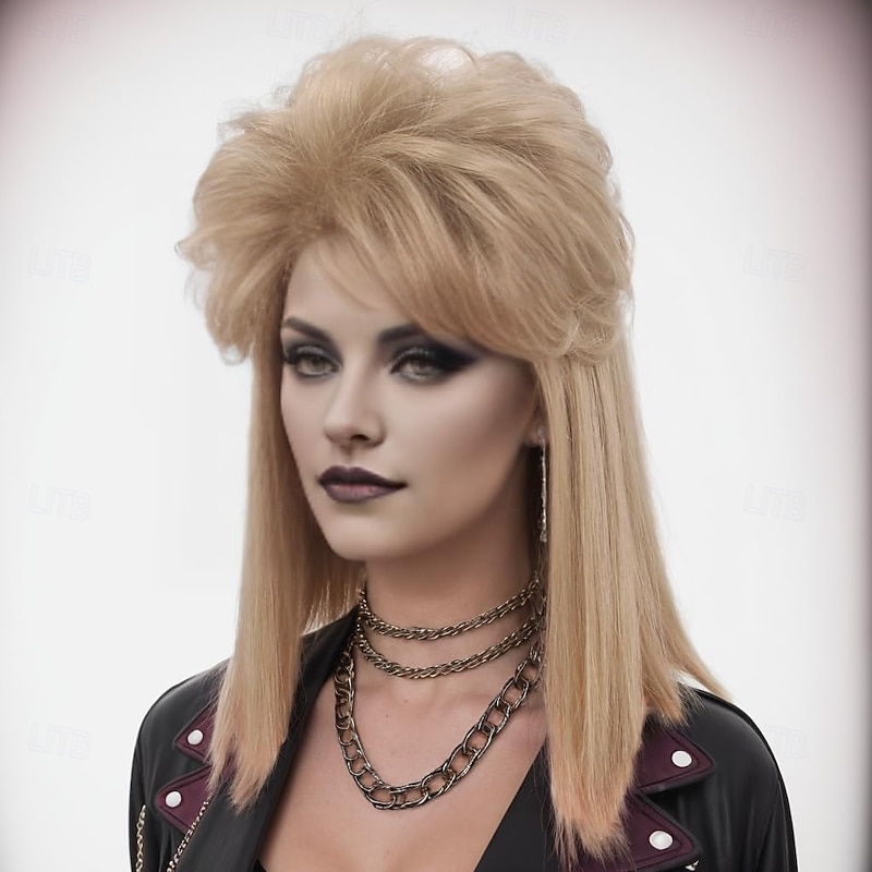 80s  Wig with Bangs for Women Mullet Disco Mens Womens Wig Long Curly Women Wigs for Man Lady Ladies Hippie Rocking 80s 90sThem Party Cosplay Costume Heat Resistant Hair For Carvinal Halloween Wigs