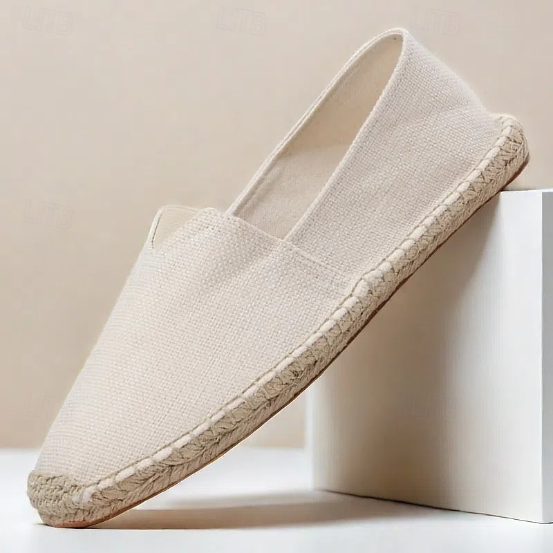 Men's Beige Canvas Espadrille Slip-On Shoes with Jute Rope Sole – Comfortable Summer Casual Footwear