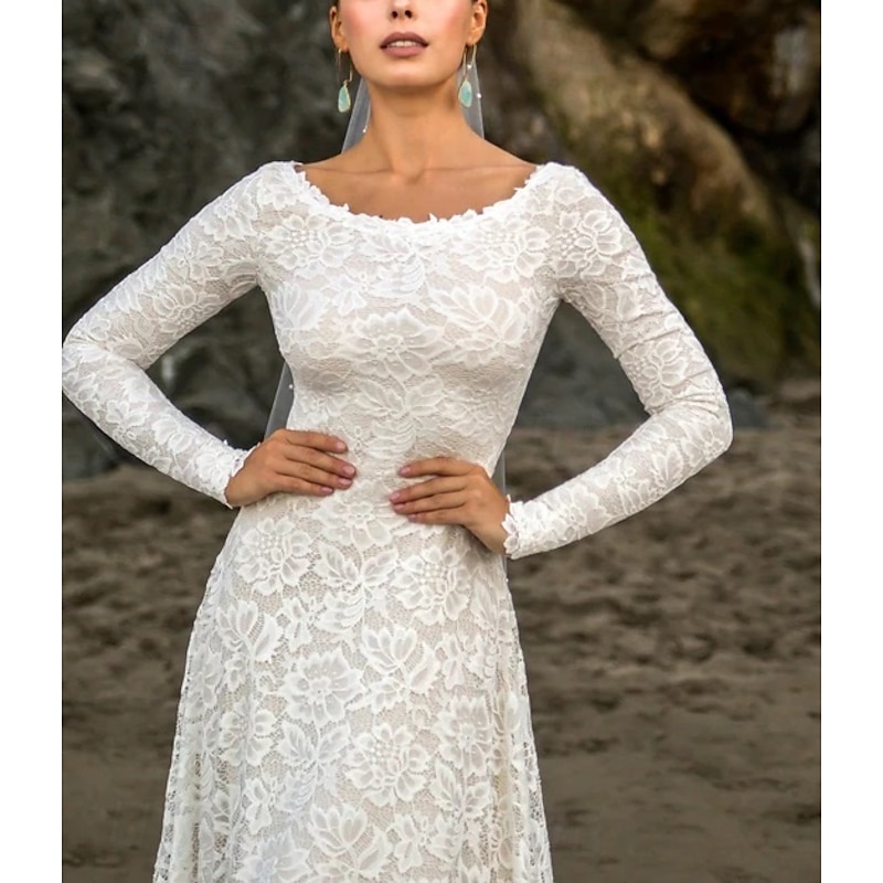 Wedding Dresses A-Line Boat Neck Long Sleeve Court Train Lace Bridal Gowns With Ruched Solid Color4