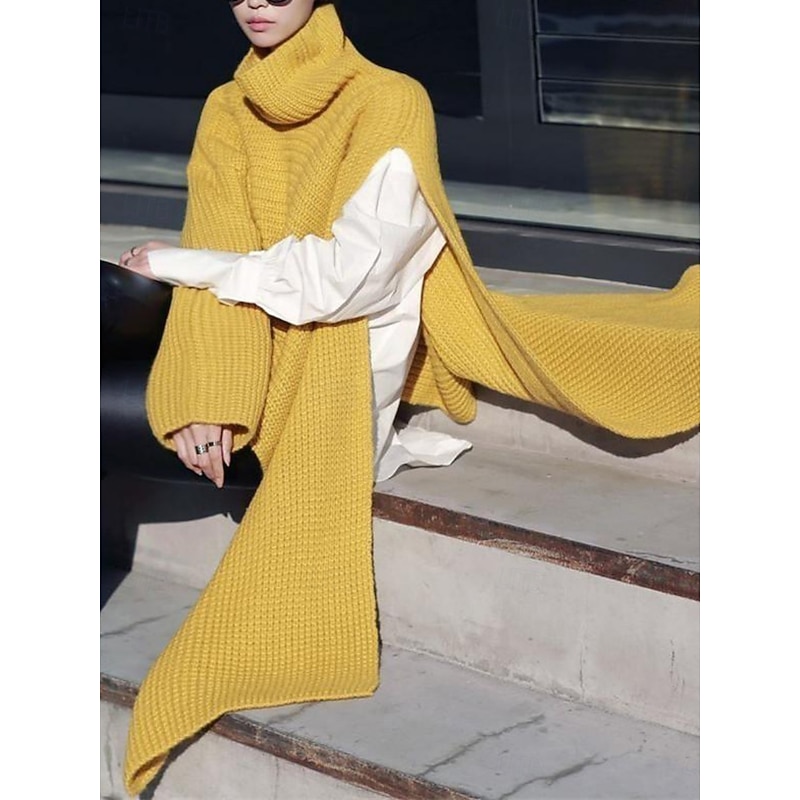 Women's Sweater Casual Soft Pure Color Ribbed Turtleneck Split Knitted Long Sleeve Regular Tops Knit Outdoor Daily Weekend White Yellow Fall Winter3