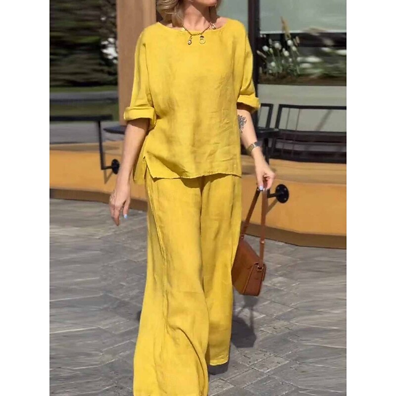 Women's Fashion Streetwear Daily Shirt Blouse Wide Leg Pants Long Sleeve Crew Neck Plain Casual Daily Yellow Blue Green Spring &  Fall Regular Fit2