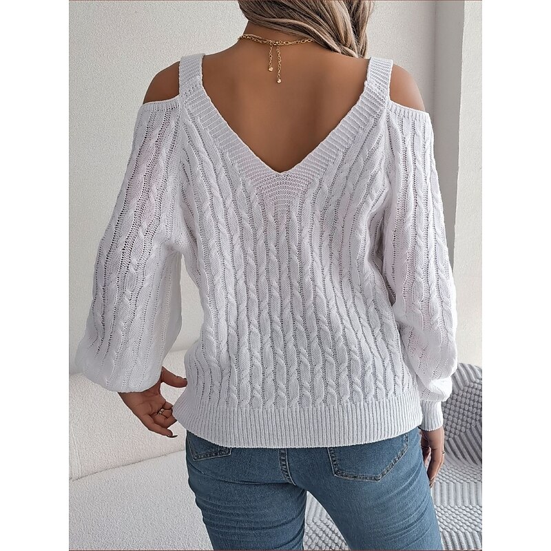 Women's Sweater Casual Soft Pure Color Ribbed Strap Knitted Cold Shoulder Long Sleeve Regular Tops Knit Outdoor Daily Weekend White Khaki Fall Winter2