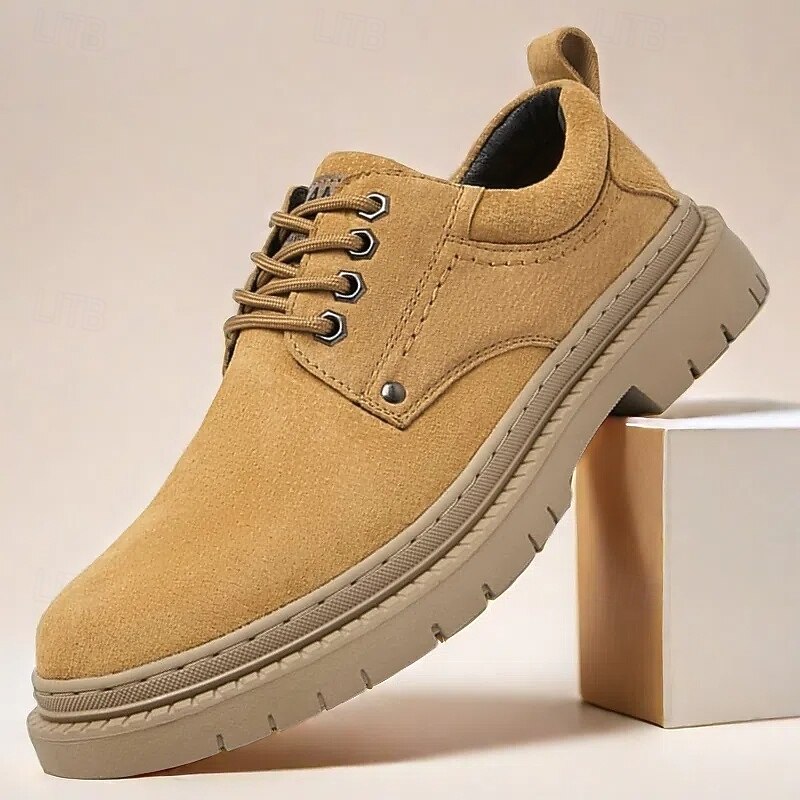 Men's Tan Suede Faux Leather Lace-Up Work Shoes with Rugged Sole – Durable Casual Footwear for Work, Hiking, and Everyday Wear