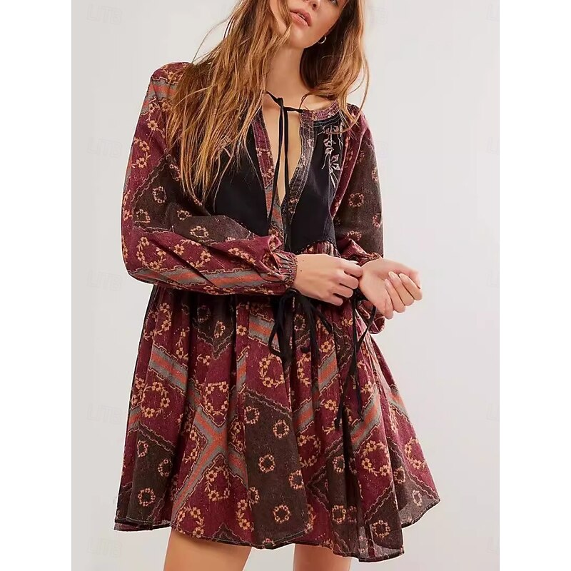 Women's Mini Dress Casual Dress Boho Dress Ethnic Casual Vacation Daily Regular Fit Floral Long Sleeve V Neck Wine Blue Green Spring Fall