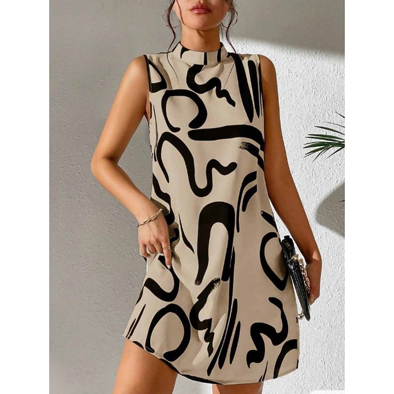 Women's Graphic Stand Collar Mini Dress Sleeveless Summer2