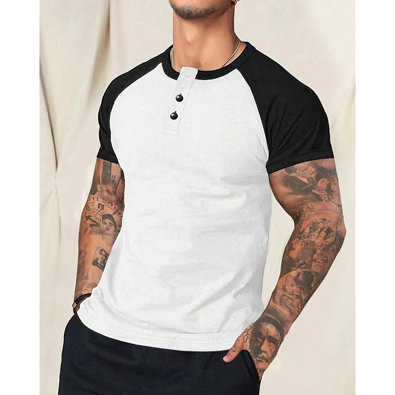 Men's Button T Shirt T Shirt Henley Shirt Tee Short Sleeve Henley Spring & Summer Color Block Fashion Designer Basic Patchwork Buttons Vacation Street Going out White Red Navy Blue Top Tee for Men3