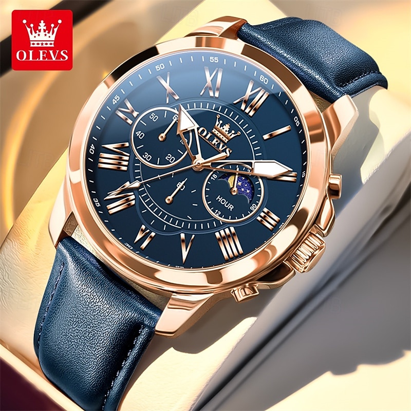 Olevs Men's Business Watch Glow-In-The-Dark Small Three-Pin Moon Phase Display Multi-Functional Quartz Watch Elbow Fashion Simple Casual Men's Waterproof Watch