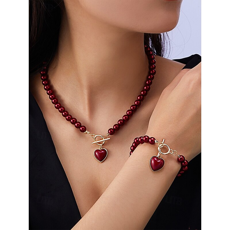 Women's Red Pearl Necklace and Bracelet Set with Heart Pendant, Gold-Tone Clasp Design, Elegant Jewelry for Valentine's Day Gift, Weddings, and Special Occasions