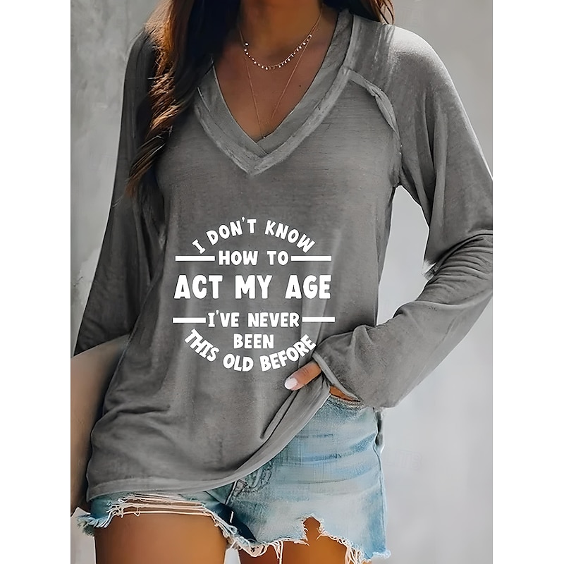Women's T shirt Long Sleeve V Neck Long Sleeve Graphic Casual Daily Basic Letter Print Regular Tops Daily Weekend White Gray Fall & Winter Prefall2