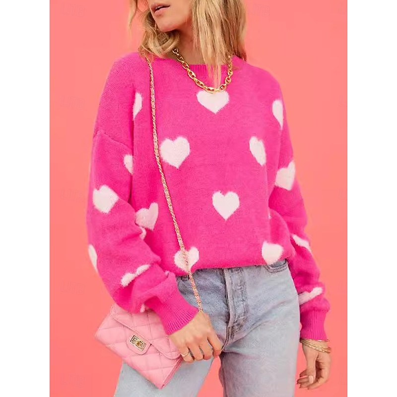 Women's Valentine Sweater Casual Soft Heart Graphic Ribbed Crew Neck Knitted Long Sleeve Regular Tops Knit Outdoor Daily Weekend Red Fall Winter3
