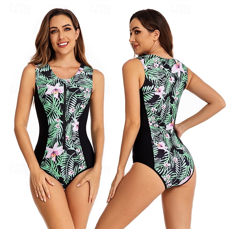 Women's Rash Guard One Piece Swimsuit UV Sun Protection UPF50+ Lightweight Sleeveless Spandex Bodysuit Bathing Suit Front Zip Swimming Surfing Beach Water Sports Floral Printed Summer Spring Autumn