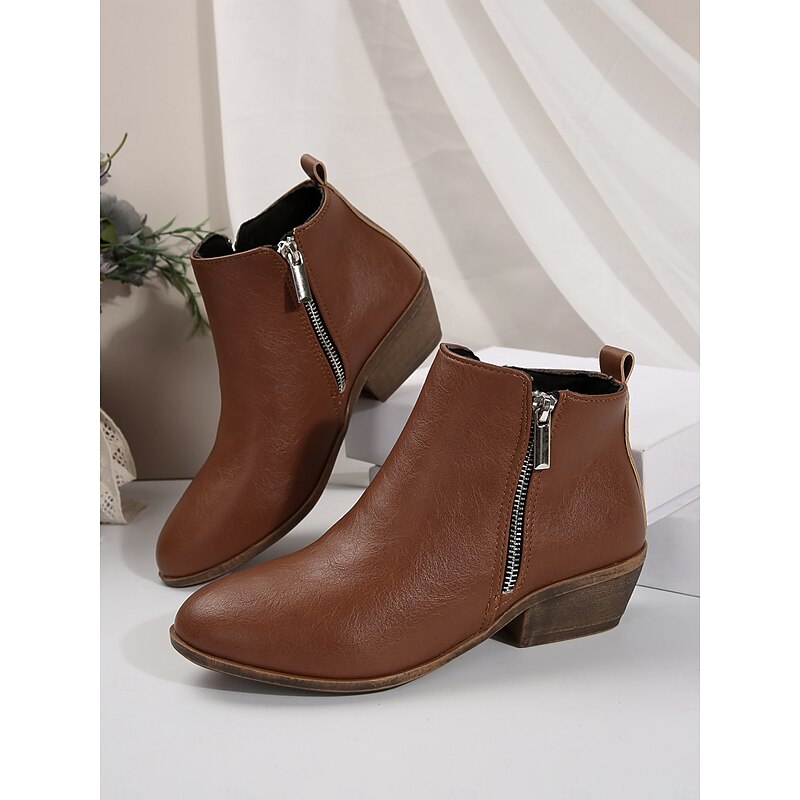 Women's Brown Faux Leather Ankle Boots with Side Zipper | Comfortable and Stylish for Everyday Wear2