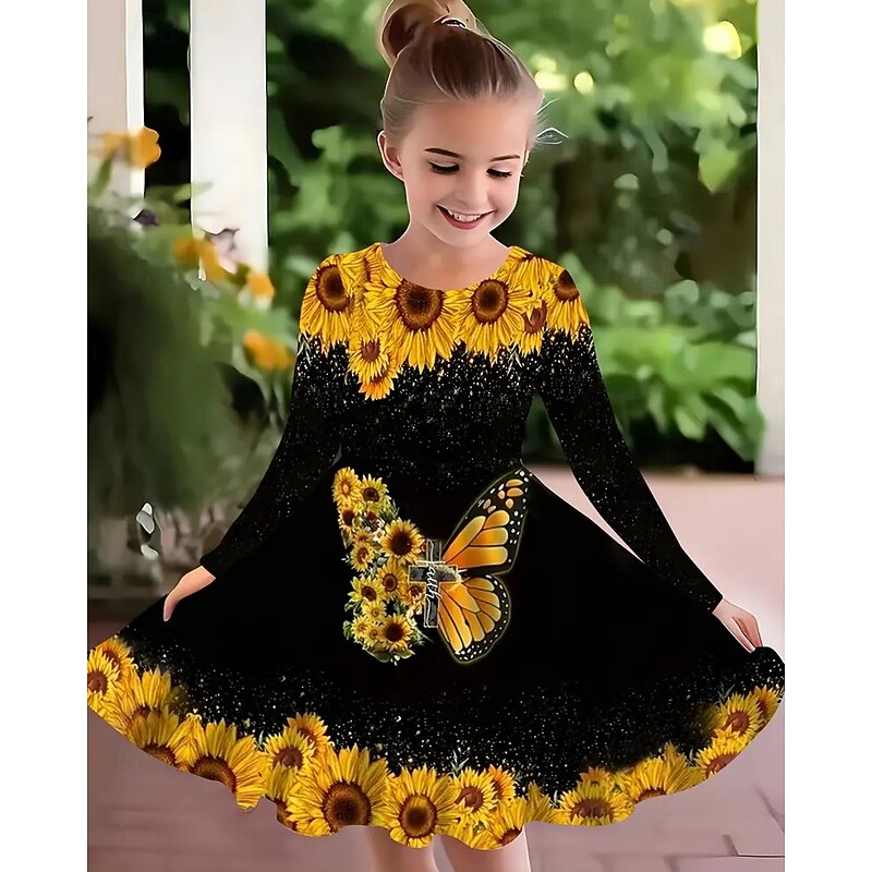 Easter Girls' 3D Graphic Butterfly Sunflower Dress Long Sleeve Summer Spring Vacation Daily Holiday Princess Beautiful Sweet Kids 4-12 Years Casual Dress A Line Dress Knee-length Regular Fit