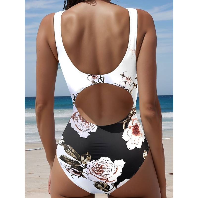 Women's Swimsuits One Piece Monokini Swimsuit Backless Tummy Control High Waist Slim Vacation Beach Wear Floral U Neck Sleeveless Bathing Suits2