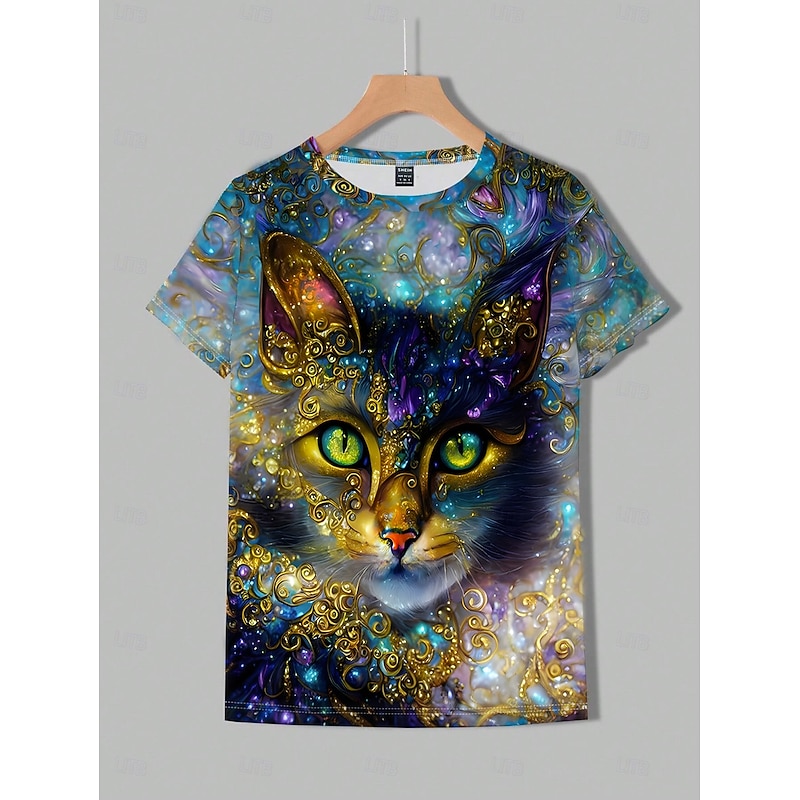 Women's T Shirt Cat Casual Short Sleeve Round Neck Regular Tops Daily Print Blue Summer Spring3