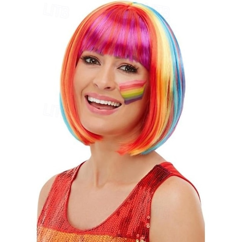 Rainbow Bob Wig for Women Fancy Dress Carnival Costume Party Accessory Multicolor Synthetic Fiber Hair