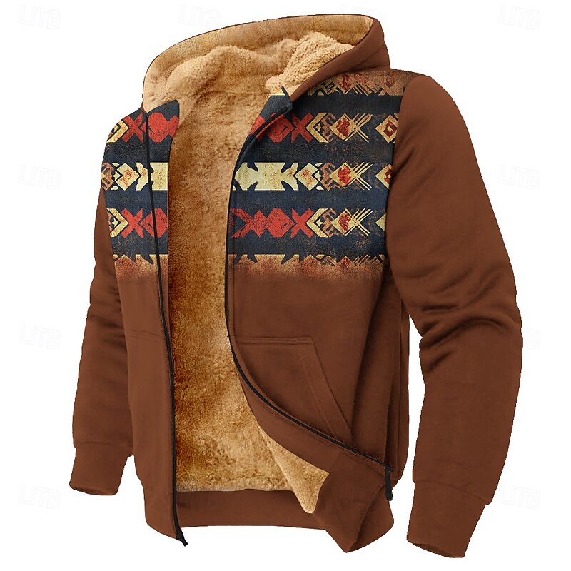 Men's Aztec Fleece Hoodie Simple Casual Long Sleeve Crew Neck Hunting Black Blue Zip Up Fall Winter Designer2
