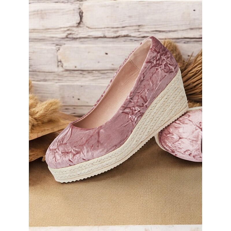 Women's Pink Velvet Espadrille Wedge Shoes, Casual Slip-On Platform Flats for Summer and Daily Wear4