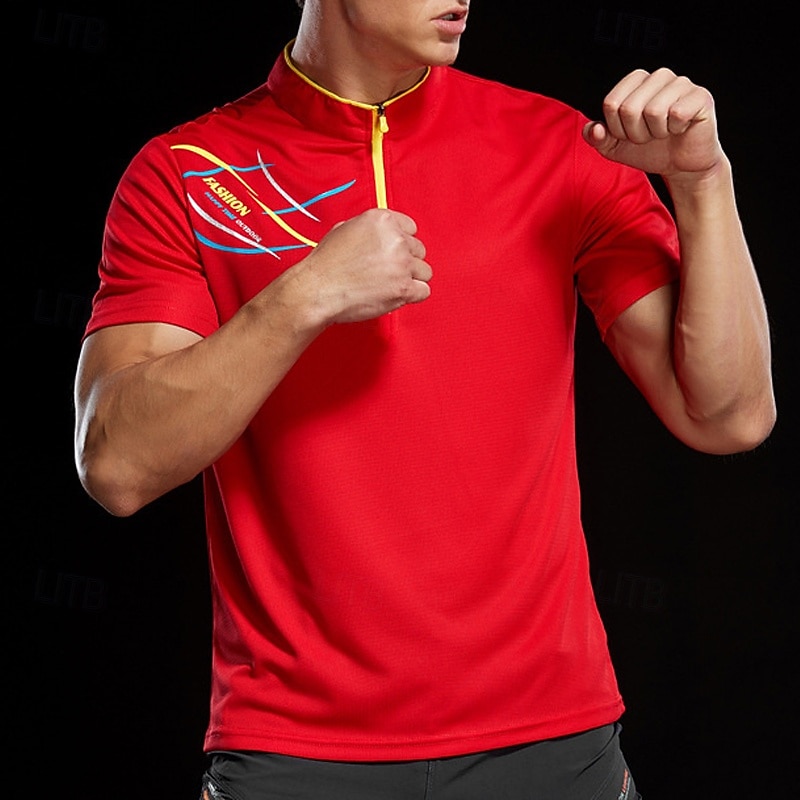 Men's T shirt Hiking Tee shirt Short Sleeve Quarter Zip Tee Tshirt Muscle T-Shirt Short Sleeve Shirt Outdoor Quick Dry Workout Soft Sweat wicking Polyester Red Blue Orange Gym Climbing Camping4