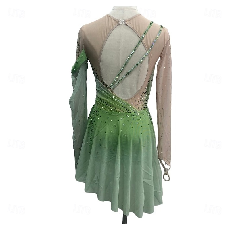 Figure Skating Dress Women's Girls' Ice Skating Dress Forest Green Red Sky Blue Patchwork Thumbhole Mesh Spandex Stretchy Training Practice Professional Skating Wear Crystal / Rhinestone Long Sleeve2