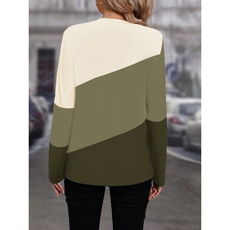 Women's T shirt Crew Neck Long Sleeve Tunic Geometric Casual  Regular Tops Daily Print Green Spring Fall2