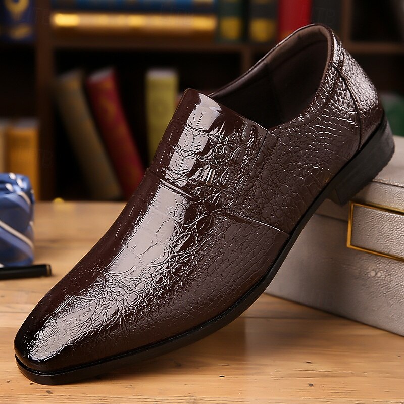 Men's Black Crocodile Pattern Patent Leather Dress Shoes – Elegant Slip-On Formal Shoes for Weddings, Business, and Evening Events2
