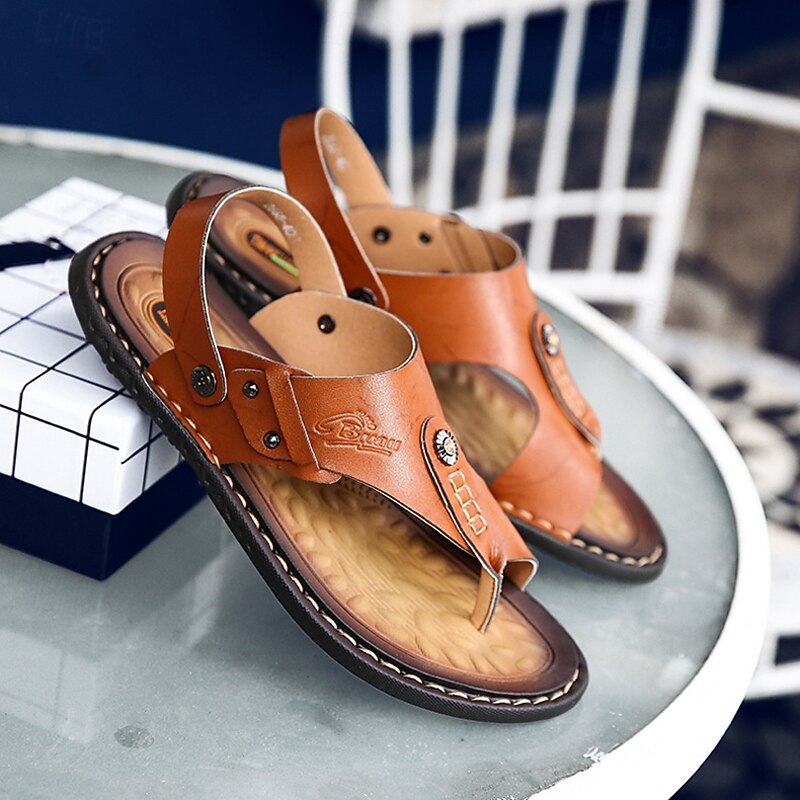 Men's Faux Leather Toe-Ring Sandals – Vintage Style Flip-Flops with Decorative Rivets for Casual Summer Beachwear4