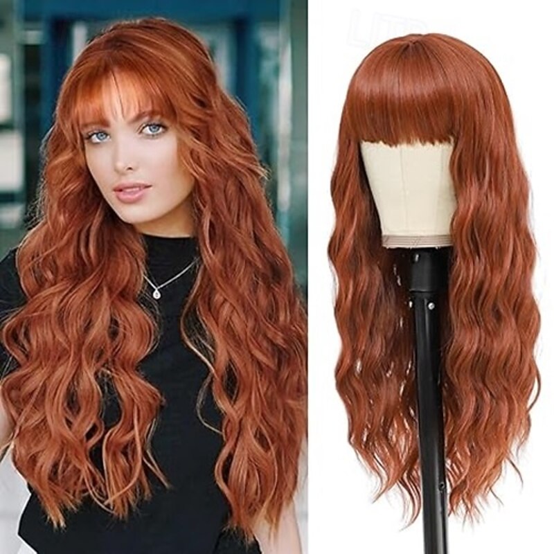 Wig with Bangs Long Wigs for Women, Natural Looking Hair Wig Curly Wavy wig, Heat Resistant Synthetic Wig for Halloween Cosplay Constume4