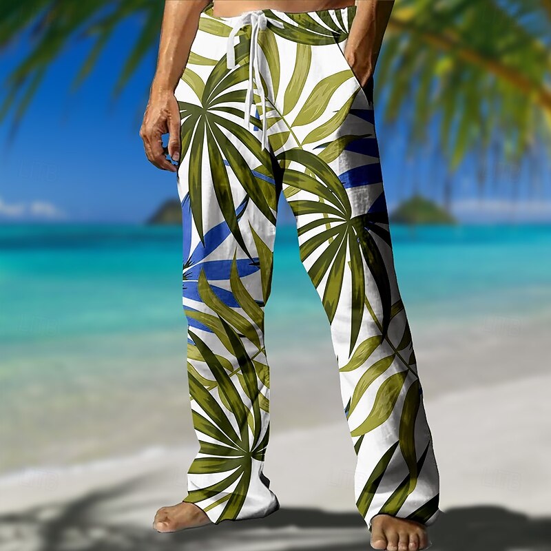 Men's Coconut Tree Pants Trousers Mid Waist Drawstring Elastic Waist Hawaiian Casual Outdoor Vacation Holiday Straight Leg Trousers Summer Spring 3D Print Black Blue Brown3