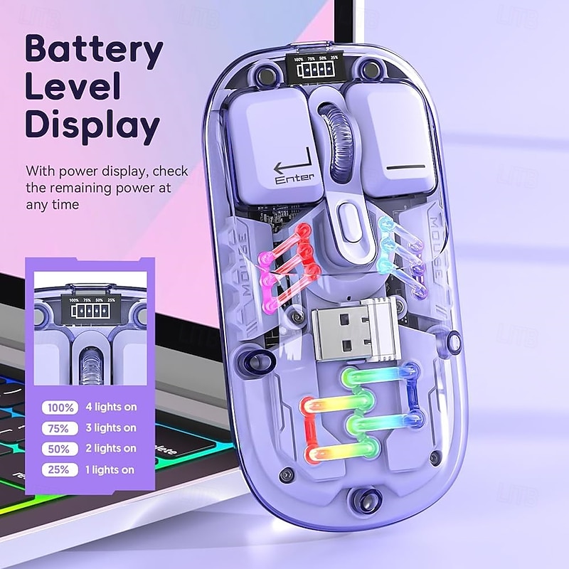 Transparent Dual-Mode Mice BT5.0 2.4G One-Button Switching Type-C 400mAh Rechargeable Mouse Three-Level Movement Speed Adjustable RGB Lights Magnetic PC Cover Custom Drivers2