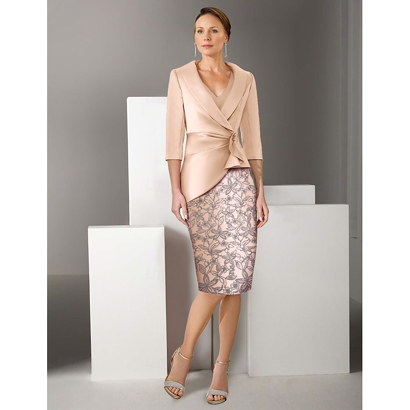 Two Piece Sheath / Column Dress Suit Mother of the Bride Dress Vintage Sparkle & Shine V Neck Knee Length Satin Glitter Lace 3/4 Length Sleeve with Lace Appliques Race Day Dress4