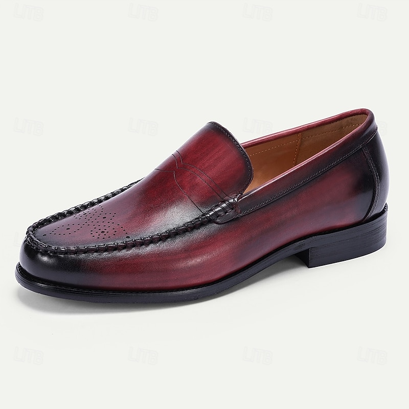 Stylish Burgundy Leather Loafers with Hand-Stitched Brogue Detail for Men | Perfect for Casual and Business Casual3