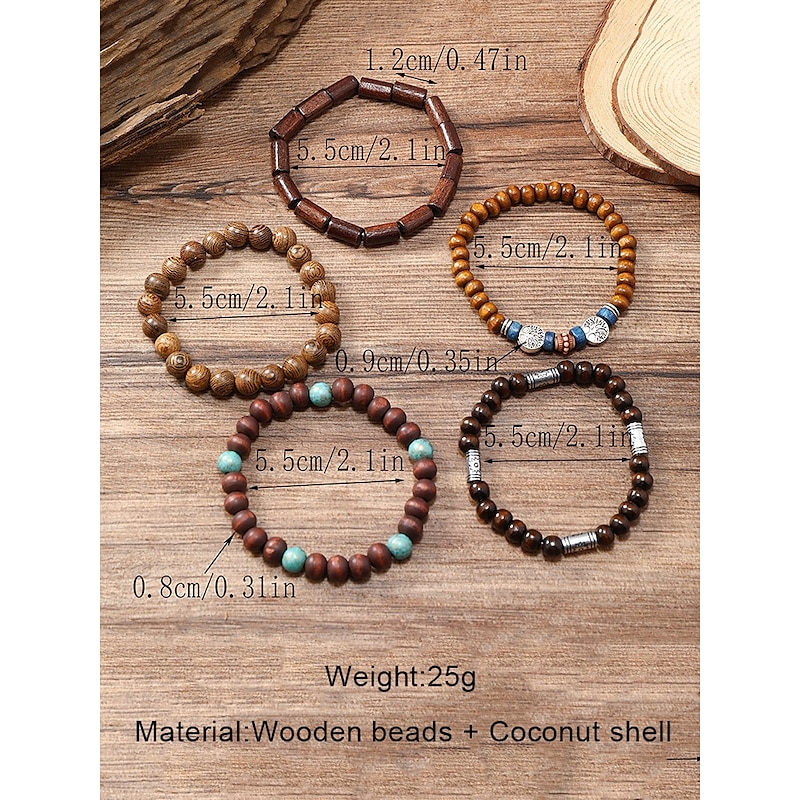 Men's Multilayer Wooden Bead Bracelet Set, Bohemian Style Handmade Jewelry for Casual and Beachwear4