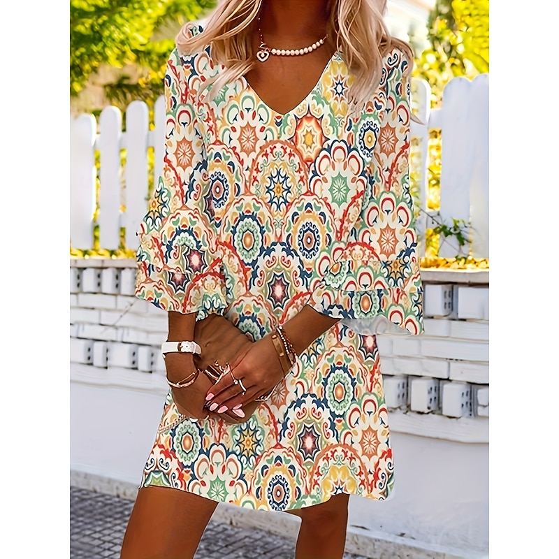 Women's Casual Dress Graphic Geometric Ruffle Print V Neck Flared Sleeve Mini Dress Bohemia Stylish Vacation Daily 3/4 Length Sleeve Summer Spring