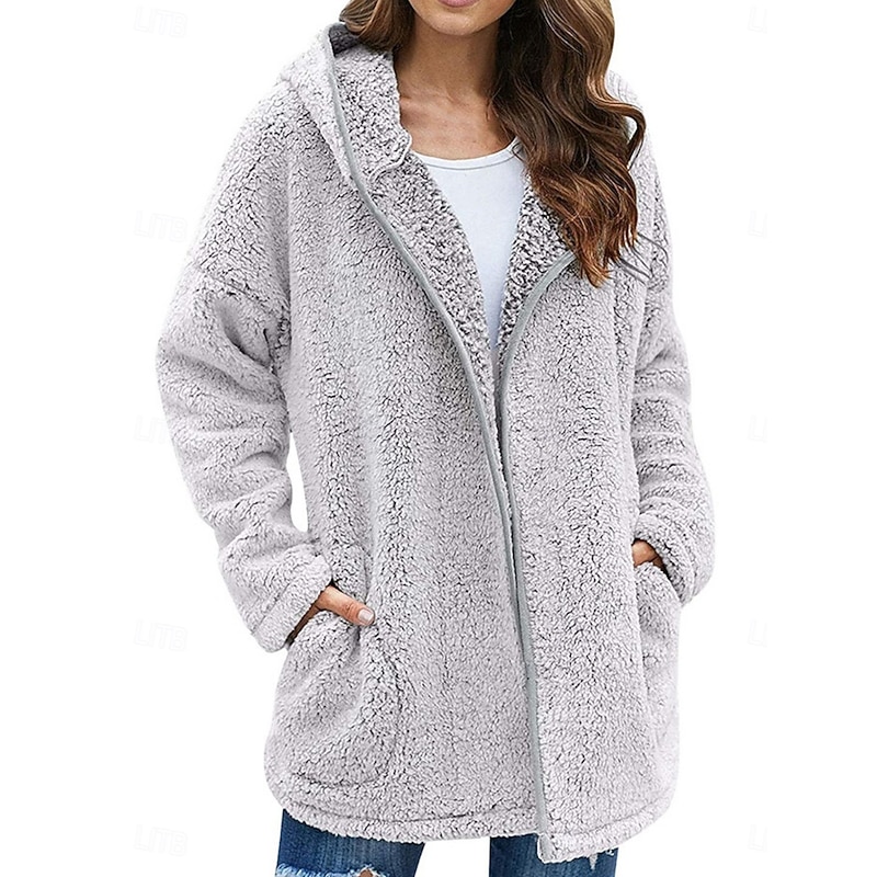 Women's Winter Coat Winter Jacket Fleece Jacket Outdoor Street Daily Fall Winter Regular Coat Regular Fit Warm Breathable Comtemporary Stylish Jacket Long Sleeve Solid Color Oversize Black Light Grey
