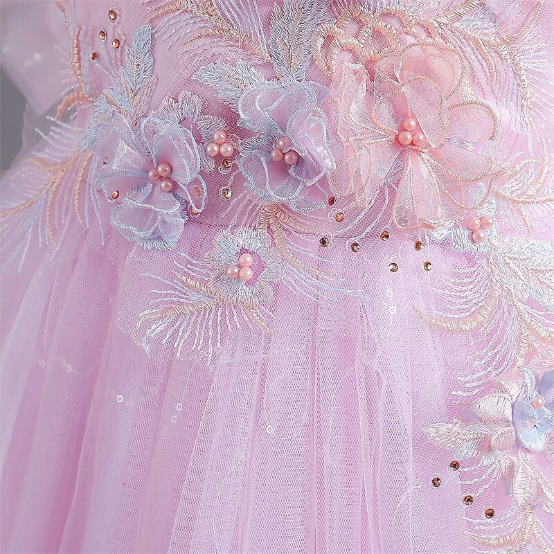 Flower Girl Dress Kid's Girls' Princess Dress Performance Wedding Party Elegant Beautiful Mesh Solid Color Sleeveless Crew Neck Pink Blue 4 years+4