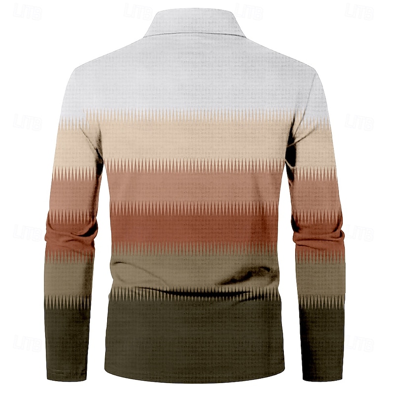 Men's Stripe Waffle Polo Shirts Golf Shirt Long Sleeve Polo Shirts Collared Shirts Casual Business Casual Dailywear Athleisure Buttons 3D Print Spring Fall Winter Blue Purple Brown2