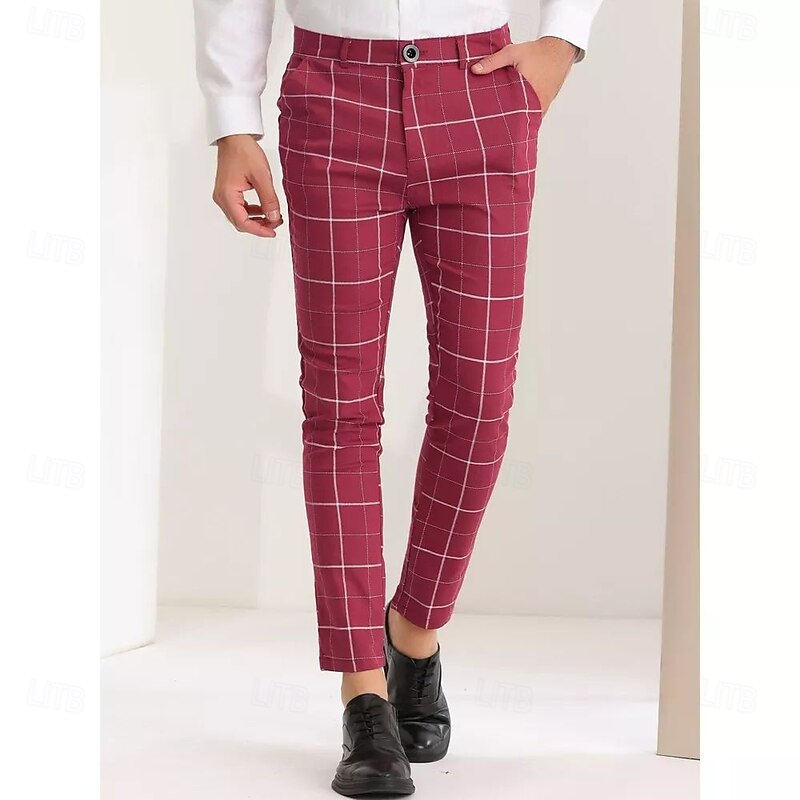 Men's Geometric Plaid Dress Pants Mid Waist Casual Outdoor Vacation Home Zipper Pocket Summer Spring Fall 3D Print Black Red Orange