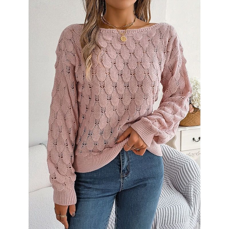 Women's Sweater Casual Soft Pure Color Crochet Crew Neck Knitted Hole Long Sleeve Regular Tops Knit Outdoor Daily Weekend Pink Blue Fall Winter3