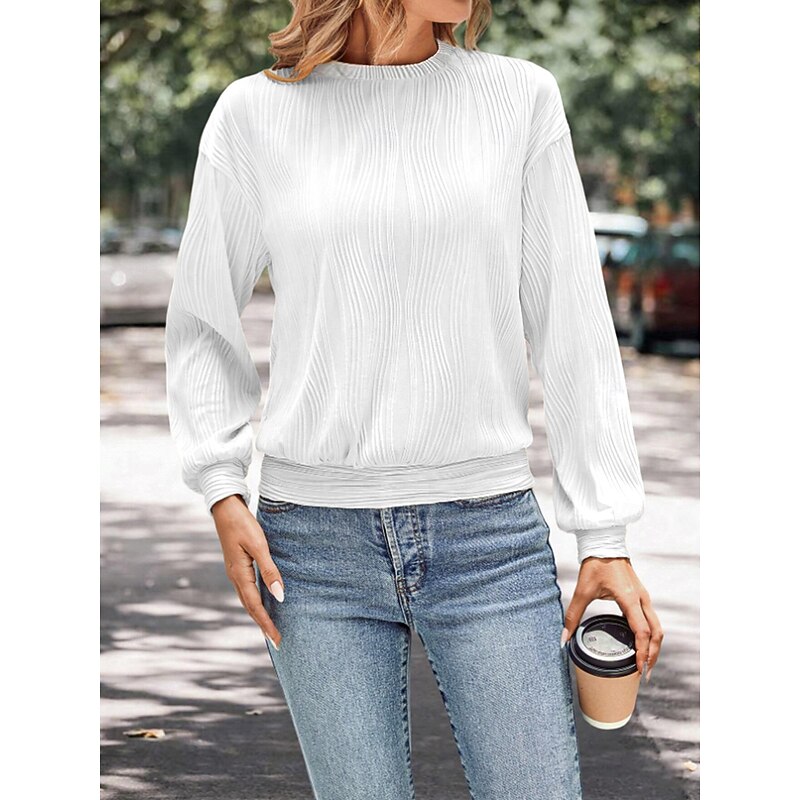 Women's Shirt Blouse Solid Color Basic Casual Long Sleeve Crew Neck Regular Tops Daily Patchwork Black White Beige Fall Winter2