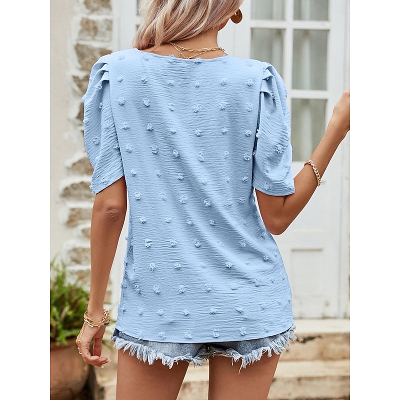 Women's T Shirt Plain Fashion Modern Casual Short Sleeve Puff Sleeve V Neck Regular Tops Daily Weekend Pink Blue Beige Summer2