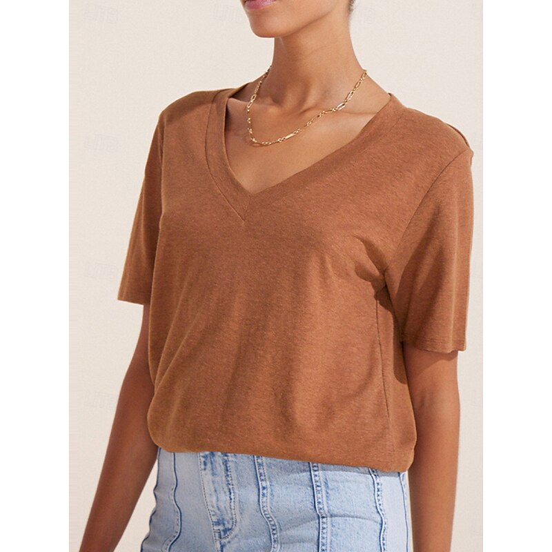 Women's Blouse Solid Color Basic Casual Short Sleeve V Neck Regular Tops Daily Lace Ruffle Patchwork Black White Brown Summer Spring3