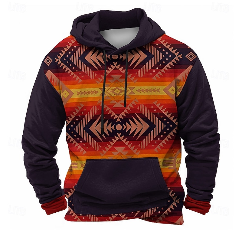 Men's Aztec Hoodies Sweatshirt Ethnic Cowboy Long Sleeve Crew Neck Holiday Streetwear Red Drawstring Fall Winter Designer